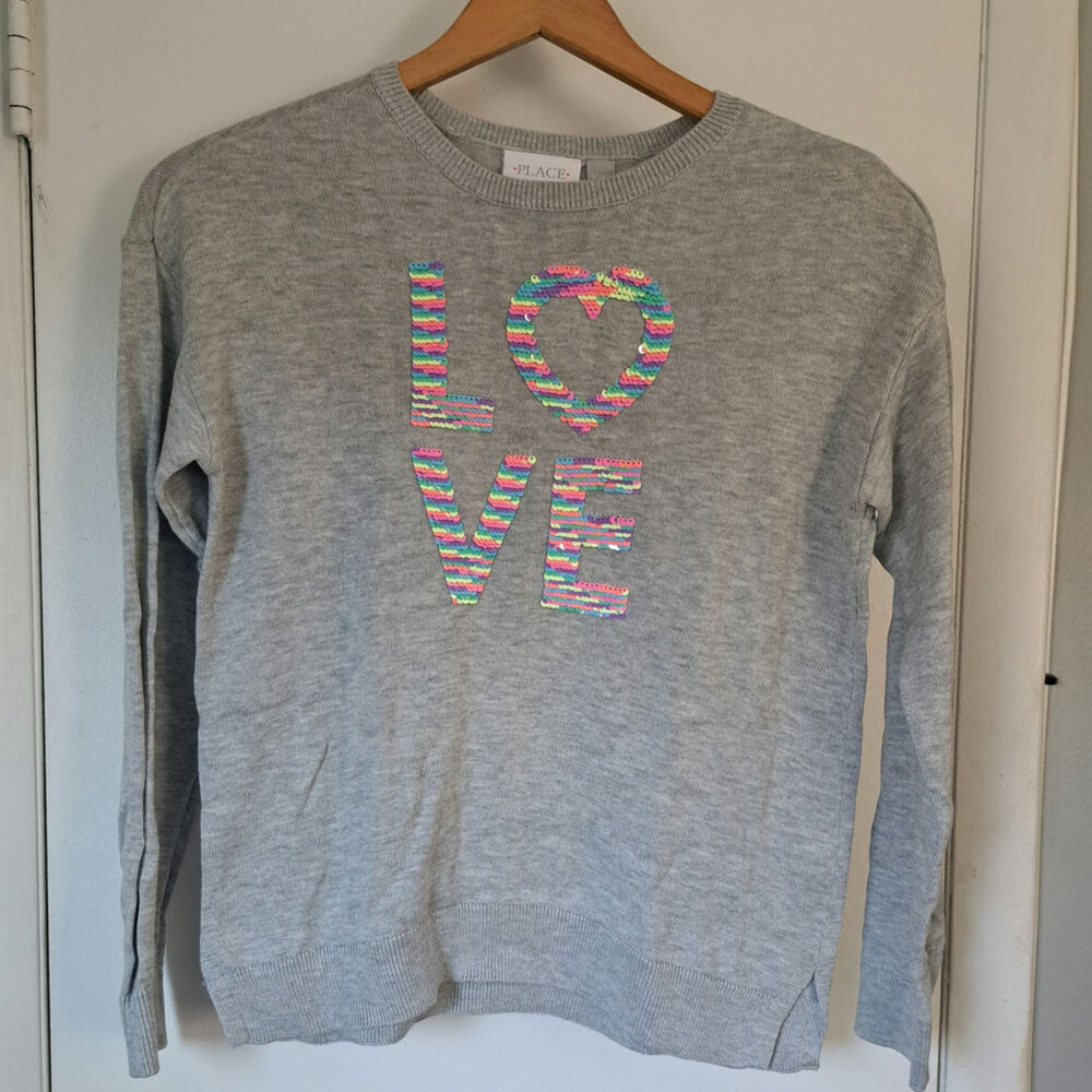 The Children's Place Gray LOVE Multicolored Sequined Girl's Sweater 10/12 Large